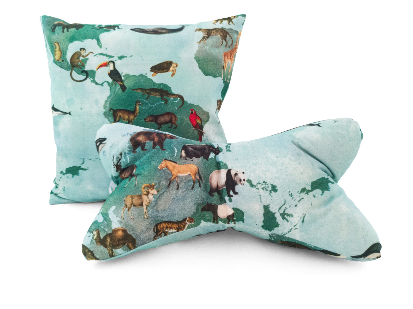Zweiteiliges-Kissen-Set-Leseknochen-Kissen-40x40cm-Weltkarte-Tiere