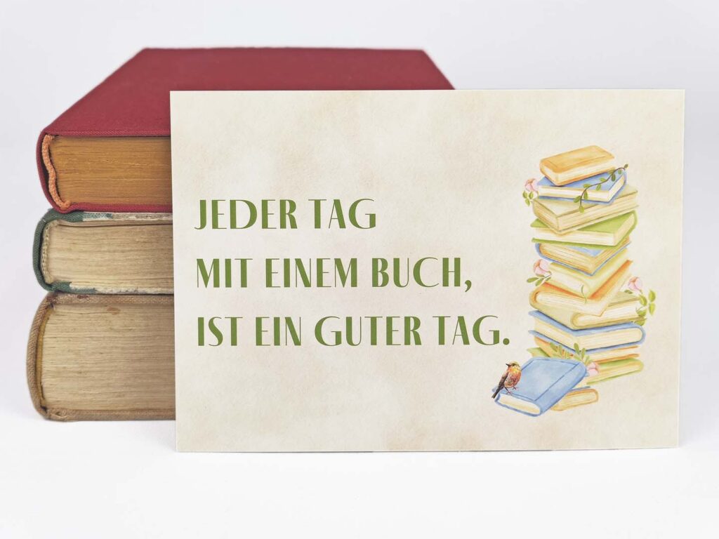 Postkarte mit Spruch „Jeder Tag mit einem Buch, ist ein guter Tag.“ (Querformat)