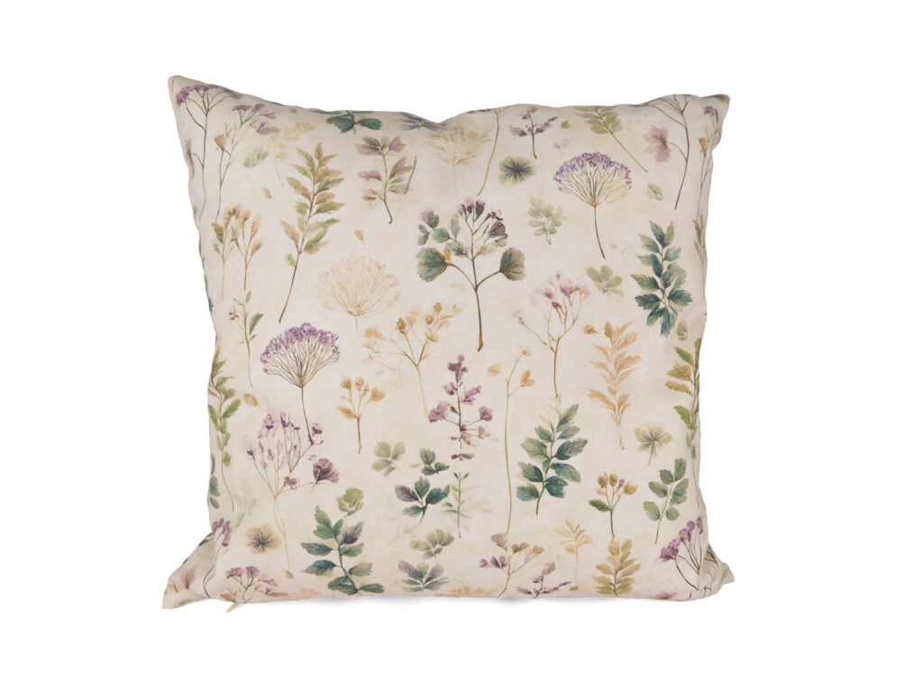 Kissenbezug Kräuter und Wildblumen in creme mit grünen und violetten Gräsern 40x40 cm