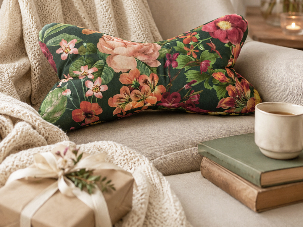 Leseknochen auf dem Sofa mit Geschenk, Büchern und Tasse als gemütliche Geschenkidee