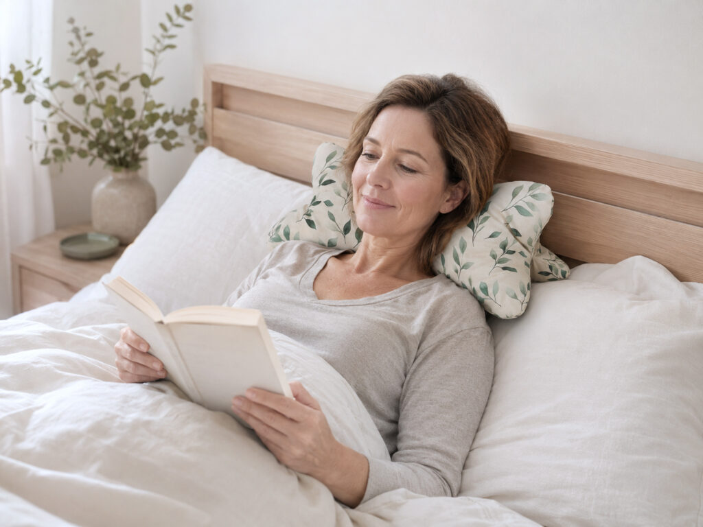 Frau liest im Bett mit Leseknochen als Nackenstütze