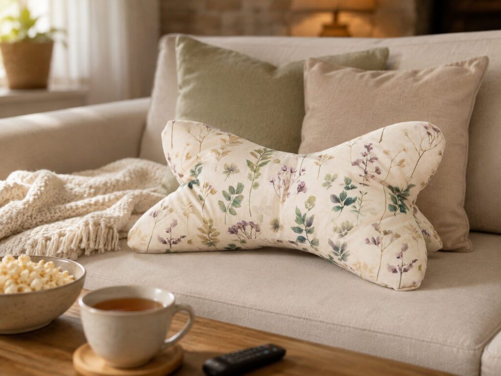 Leseknochen auf dem Sofa mit Decke, Tasse, Popcorn und Fernbedienung