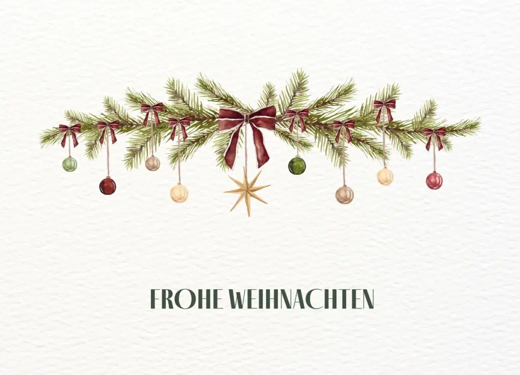 Postkarte „Frohe Weihnachten“ mit Tannengirlande, Schleifen, Kugeln und Stern im Aquarellstil