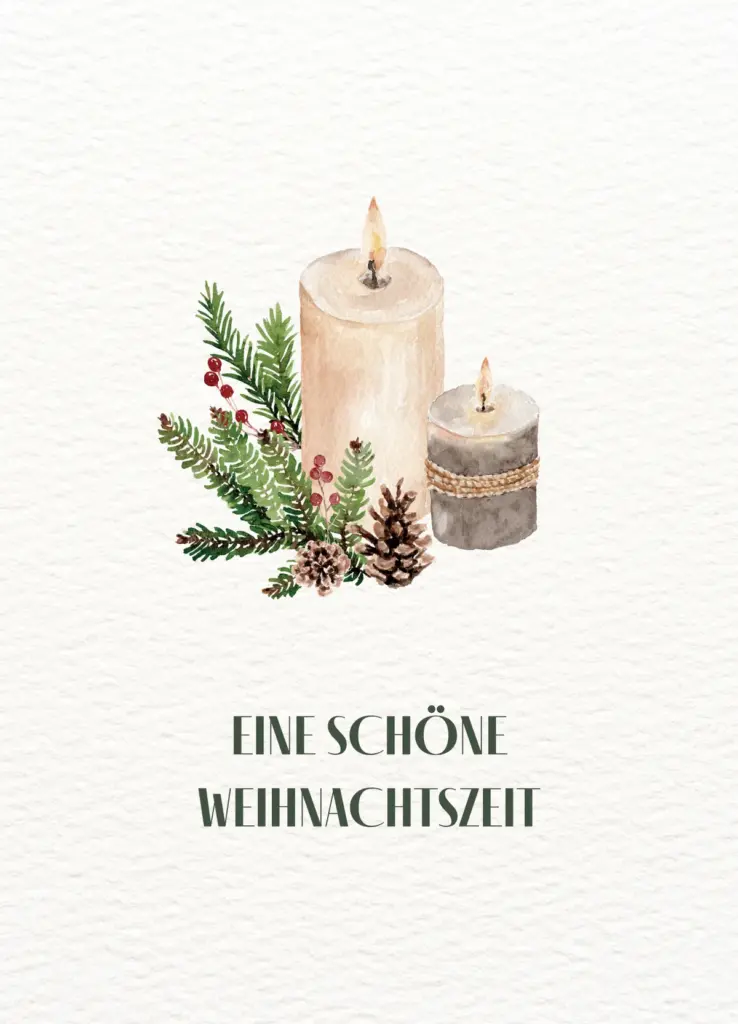Postkarte „Eine schöne Weihnachtszeit“ mit Kerzen, Tannengrün, Zapfen und Beeren im Aquarellstil