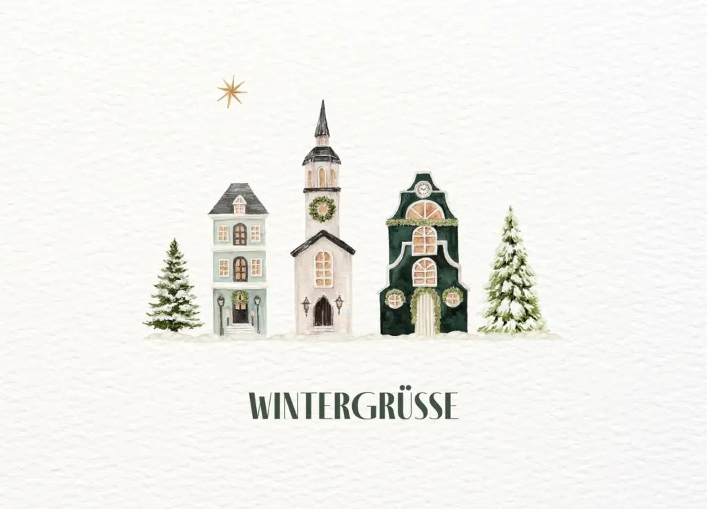 Postkarte „Wintergrüße“ mit Winterhäuser, Tannen und Stern im Aquarellstil