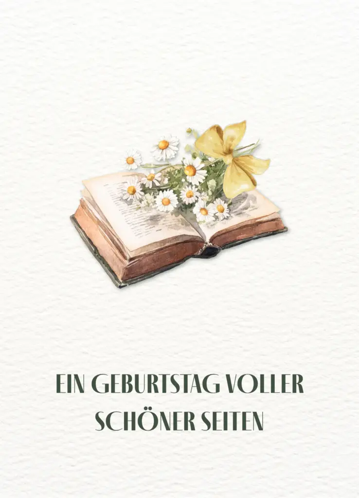 Postkarte „Ein Geburtstag voller schöner Seiten“ mit offenes Buch, Margeriten und gelbe Schleife im Aquarellstil