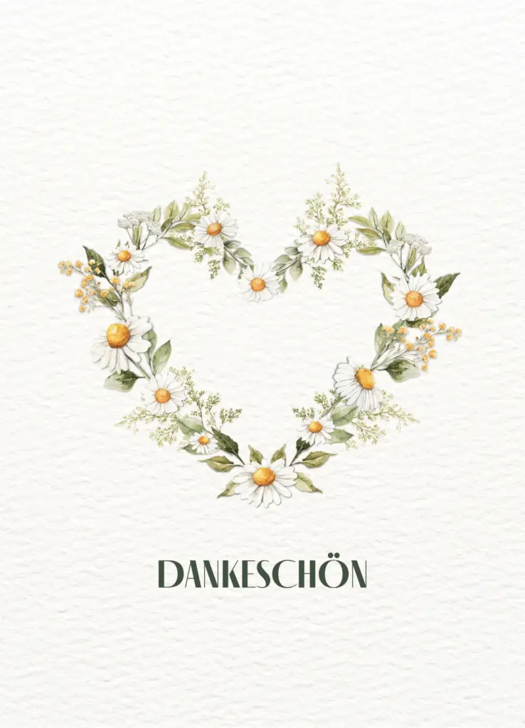 Postkarte „Dankeschön“ mit Herzkranz mit Margeriten und gelben Blüten im Aquarellstil